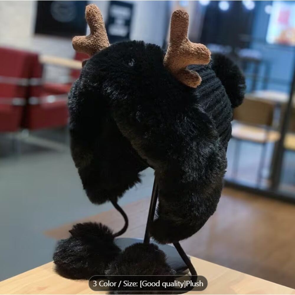 Plush Warm Furry Fuzzy Winter Trapper Hat w/ Antler Ears Pom Pom Beanie - BLACK